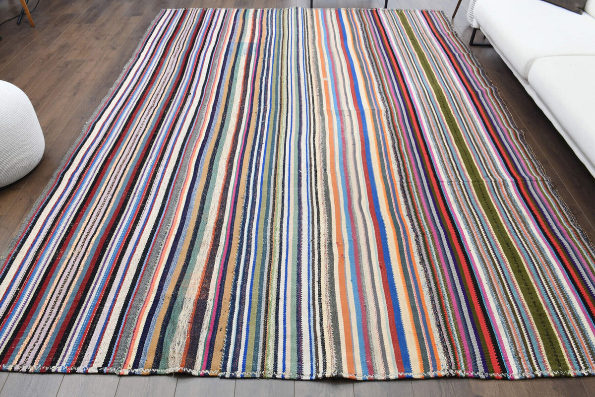 El yapımı vintage halı 249x330 cm çizgili desenli yün - detay görünümü