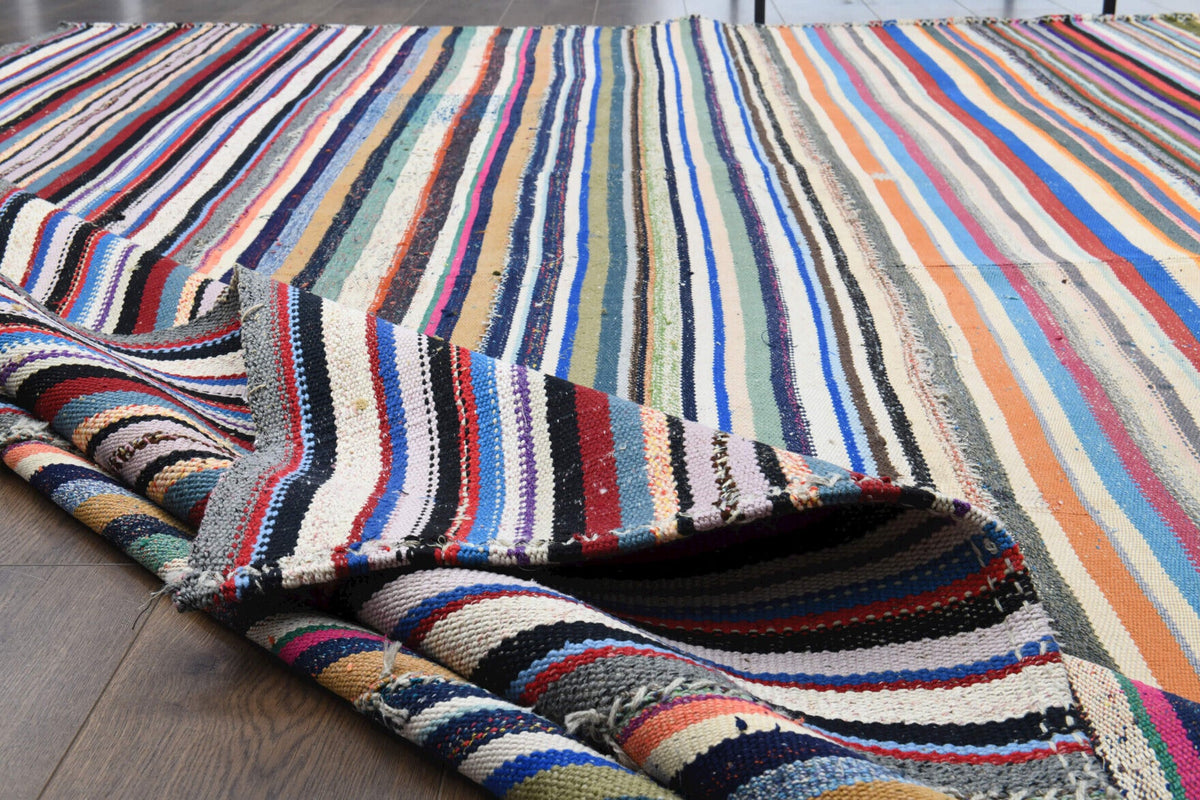 El yapımı vintage halı 249x330 cm çizgili desenli yün - desen detayı