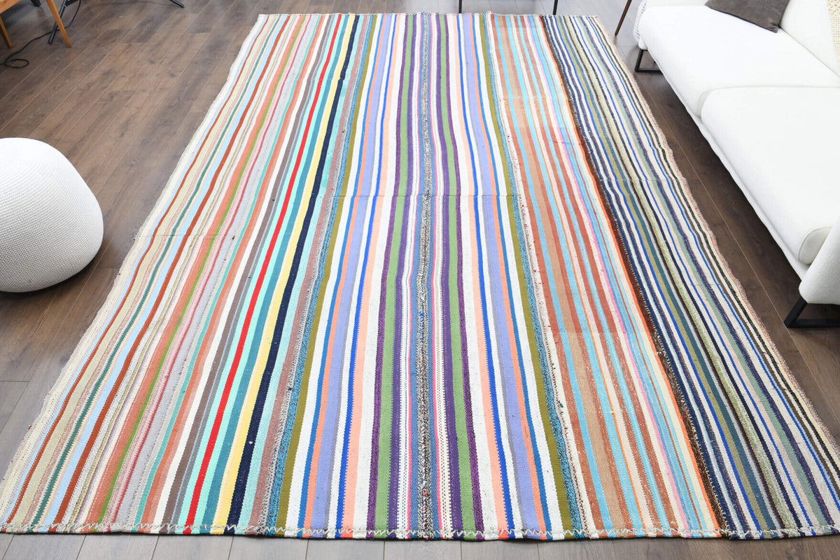 El yapımı vintage halı 239x361 cm çizgili desenli yün - detay görünümü