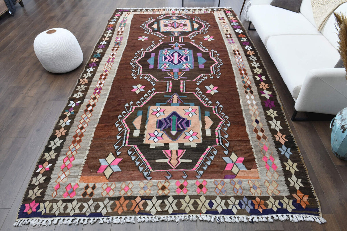 El yapımı vintage halı 226x381 cm oryantal desenli yün - detay görünümü