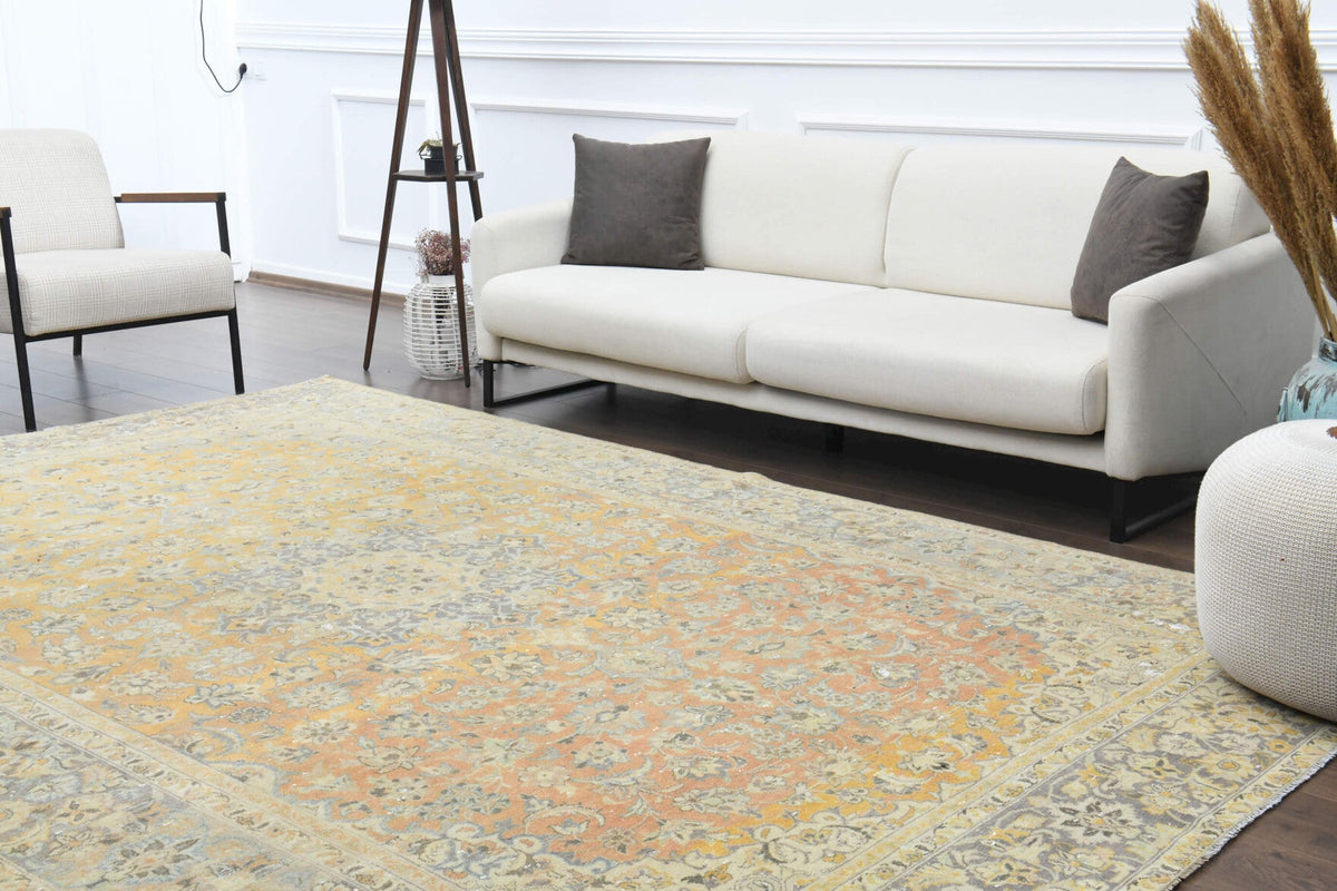 El yapımı vintage halı 231x338 cm oryantal desenli yün - kenar ve saçak detayı