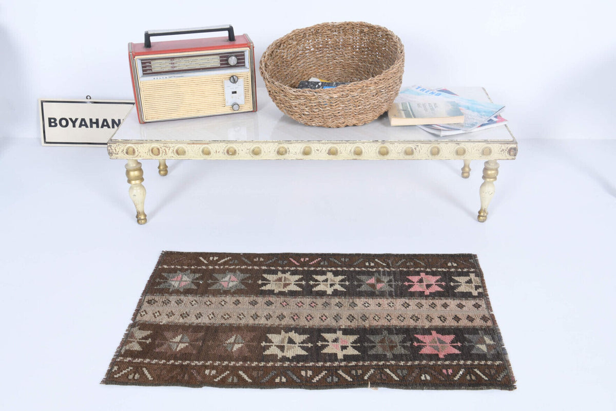 El yapımı vintage halı 48x86 cm i̇kat desenli yün - detay görünümü