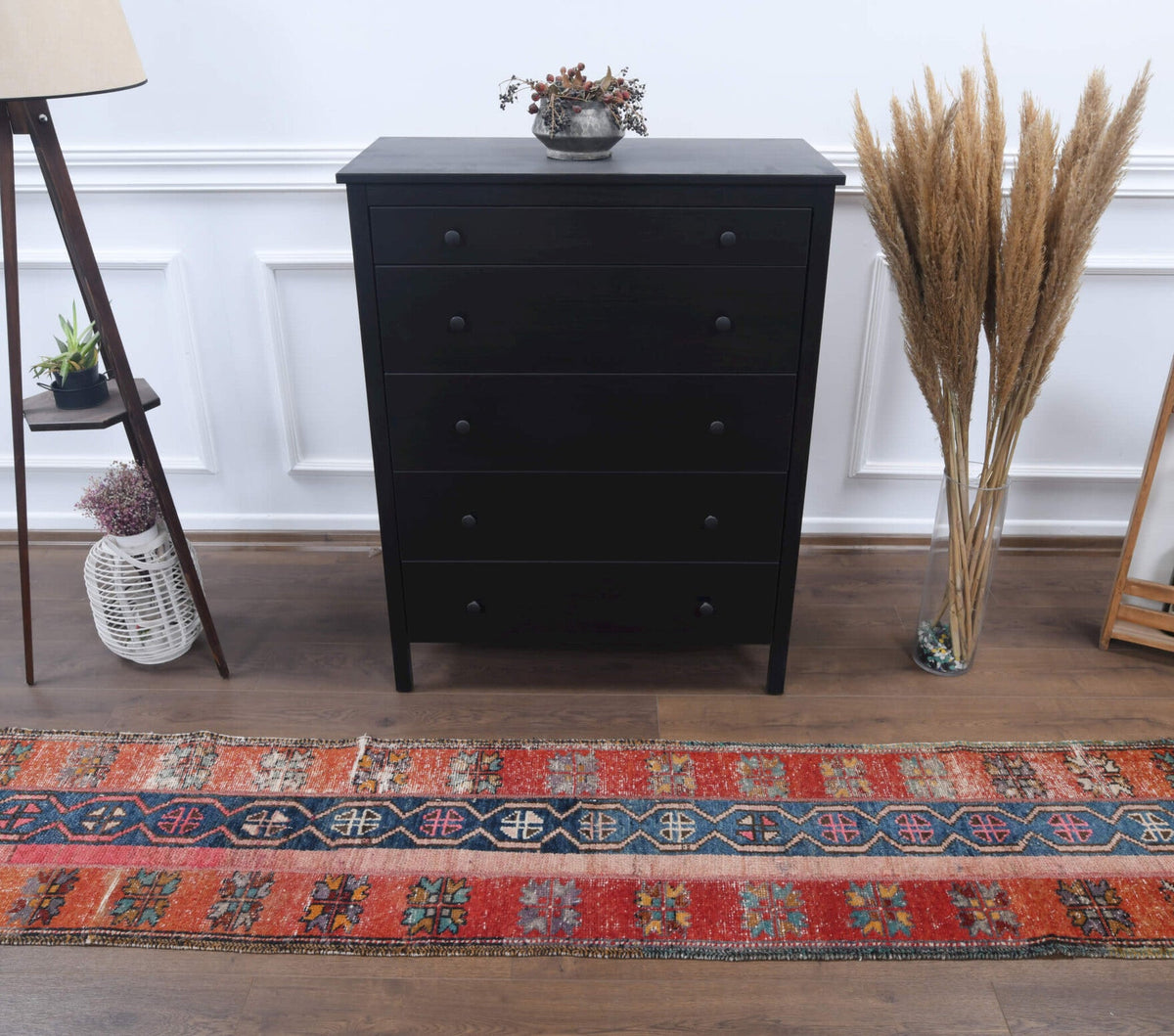 El yapımı vintage yolluk 56x310 cm i̇kat desenli yün - üstten görünüm