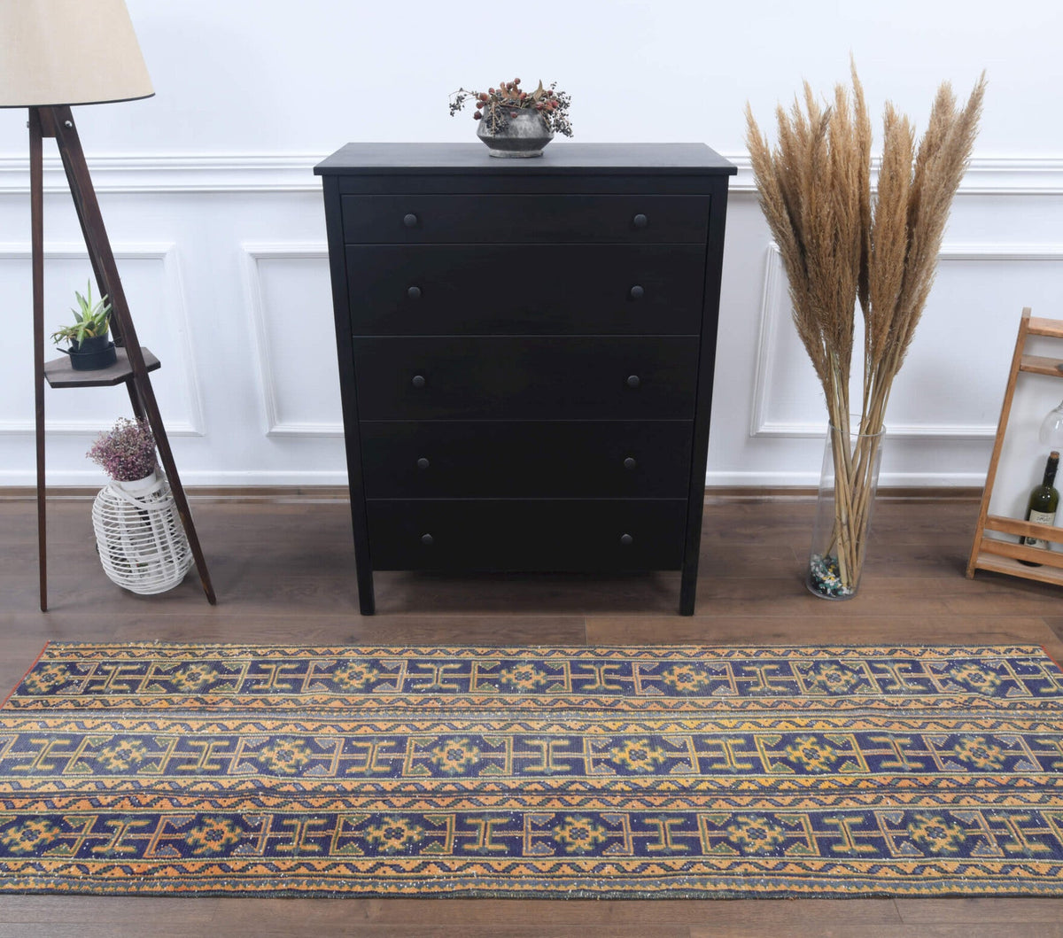 El yapımı vintage yolluk 66x246 cm i̇kat desenli yün - üstten görünüm