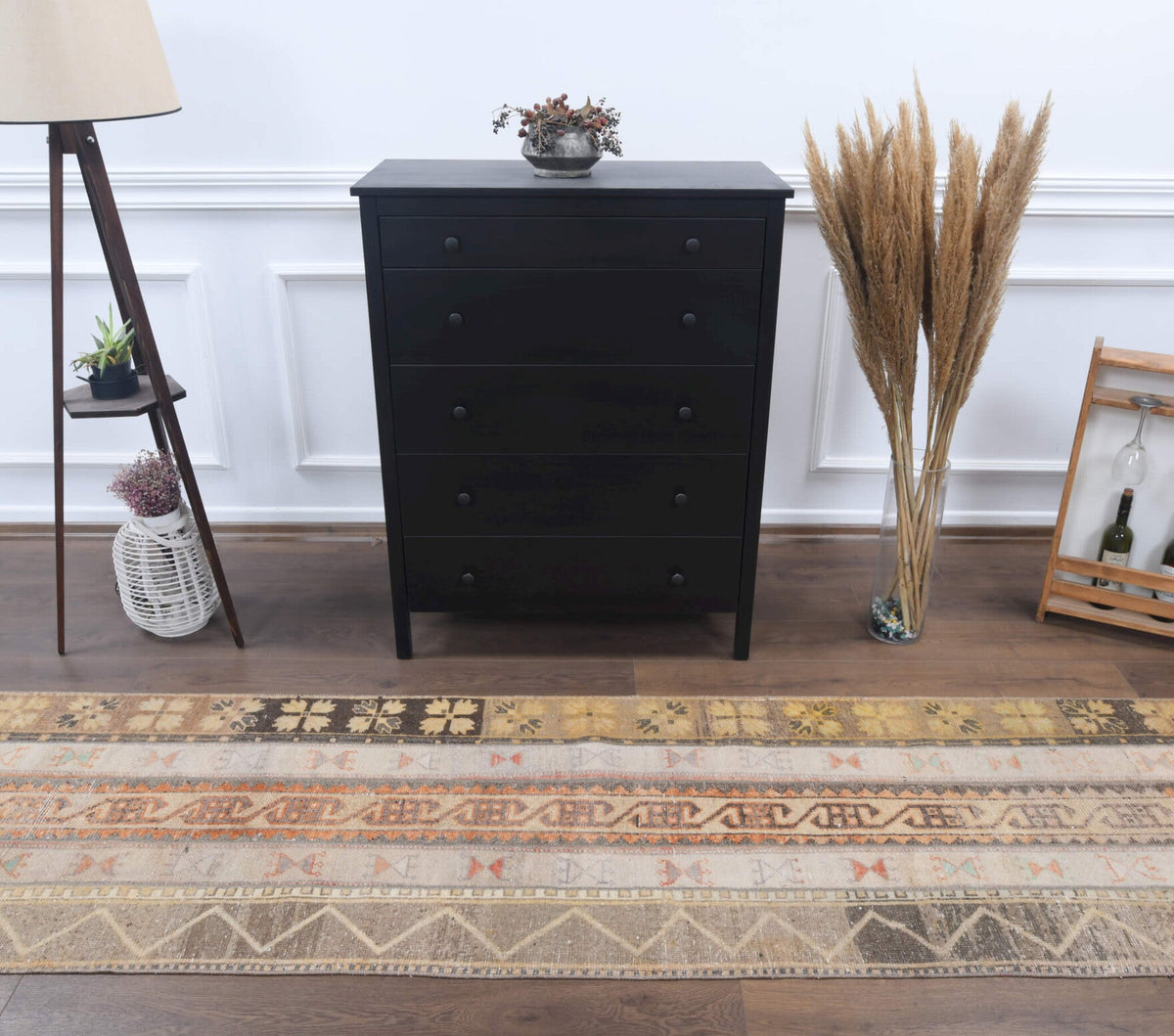 El yapımı vintage yolluk 79x333 cm oryantal desenli yün - üstten görünüm