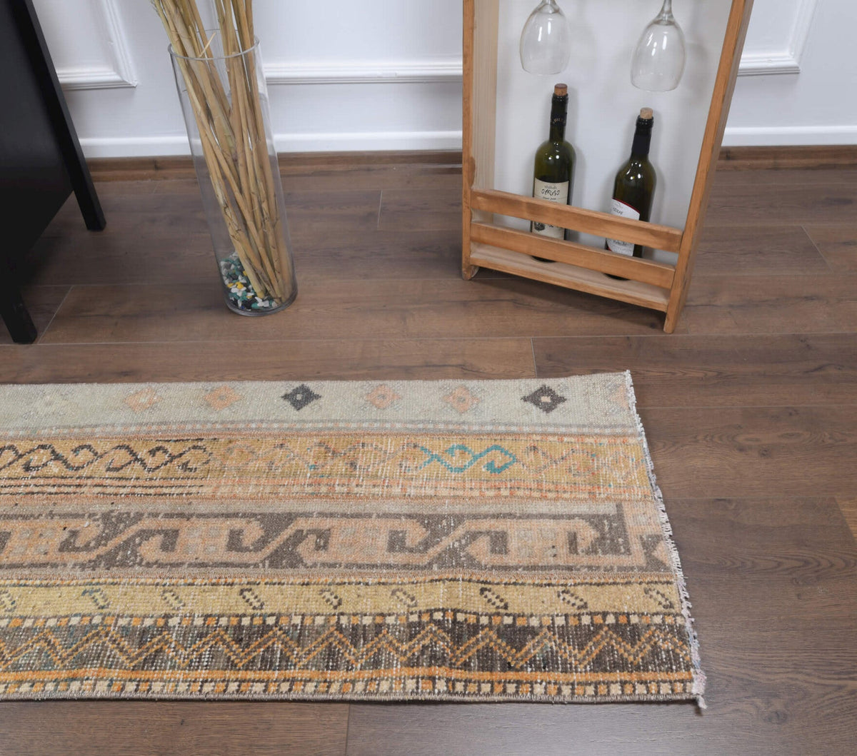 El yapımı vintage yolluk 56x201 cm i̇kat desenli yün - üstten görünüm