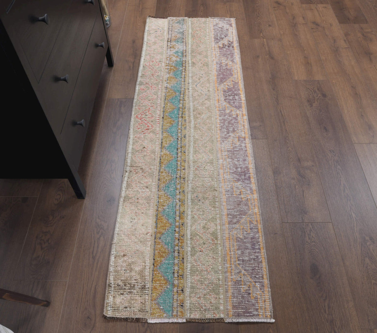 El yapımı vintage yolluk 56x173 cm tribal desenli yün - detay görünümü