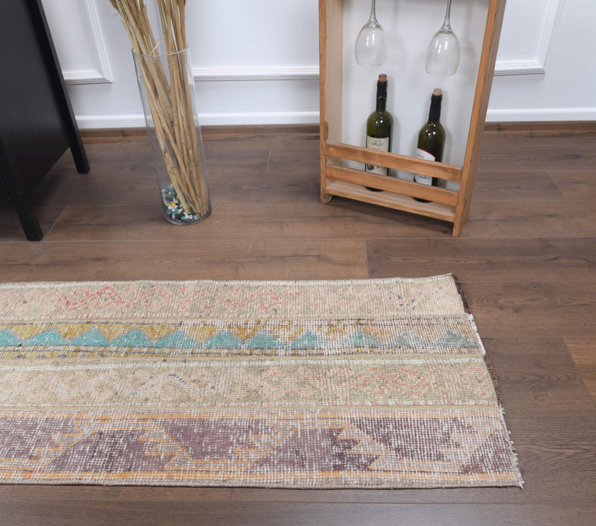 El yapımı vintage yolluk 56x173 cm tribal desenli yün - üstten görünüm
