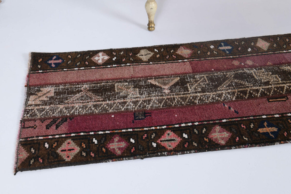 El yapımı vintage yolluk 56x188 cm i̇kat desenli yün - yakın çekim doku detayı