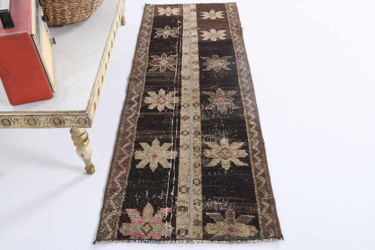 El yapımı vintage halı 51x147 cm patchwork desenli yün - üstten görünüm