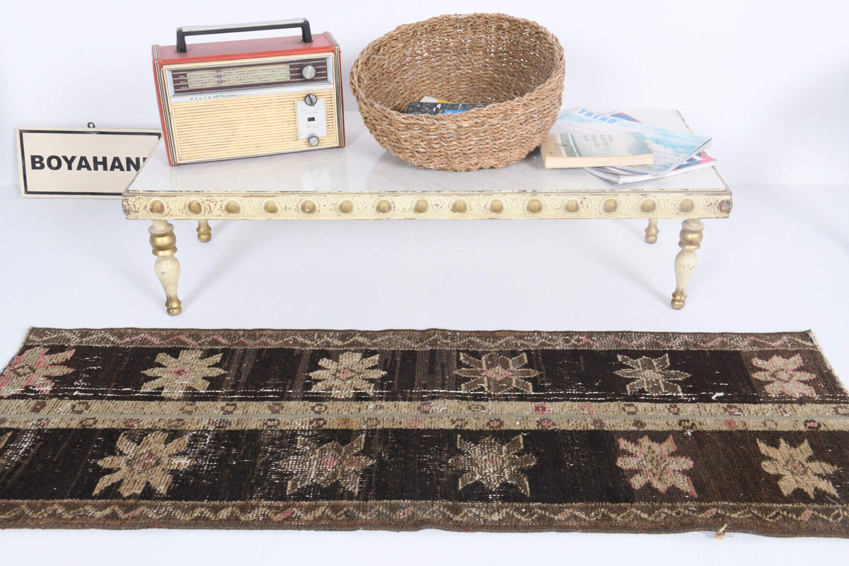 El yapımı vintage halı 51x147 cm patchwork desenli yün - detay görünümü