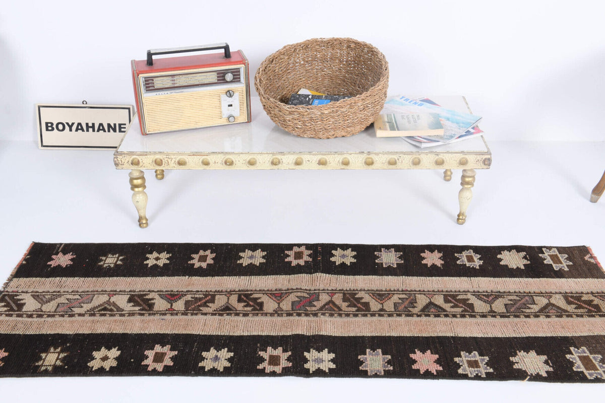 El yapımı vintage halı 56x165 cm i̇kat desenli yün - detay görünümü