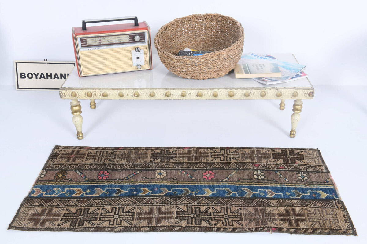 El yapımı vintage halı 51x107 cm i̇kat desenli yün - detay görünümü
