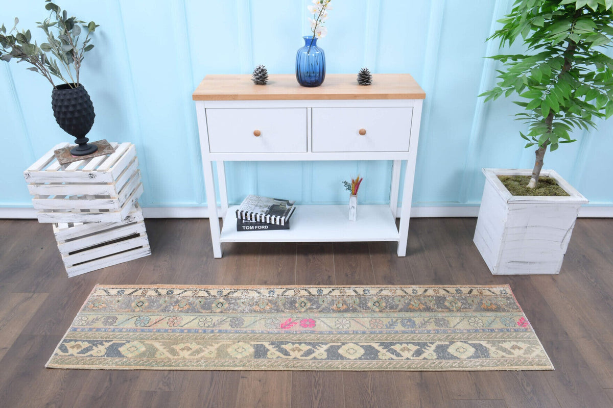 El yapımı vintage yolluk 48x196 cm i̇kat desenli yün - üstten görünüm
