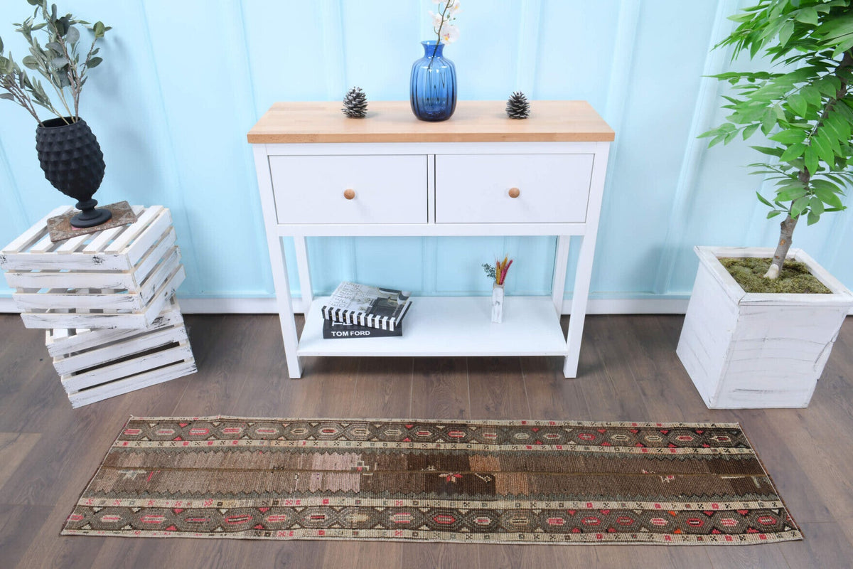 El yapımı vintage yolluk 43x193 cm tribal desenli yün - üstten görünüm
