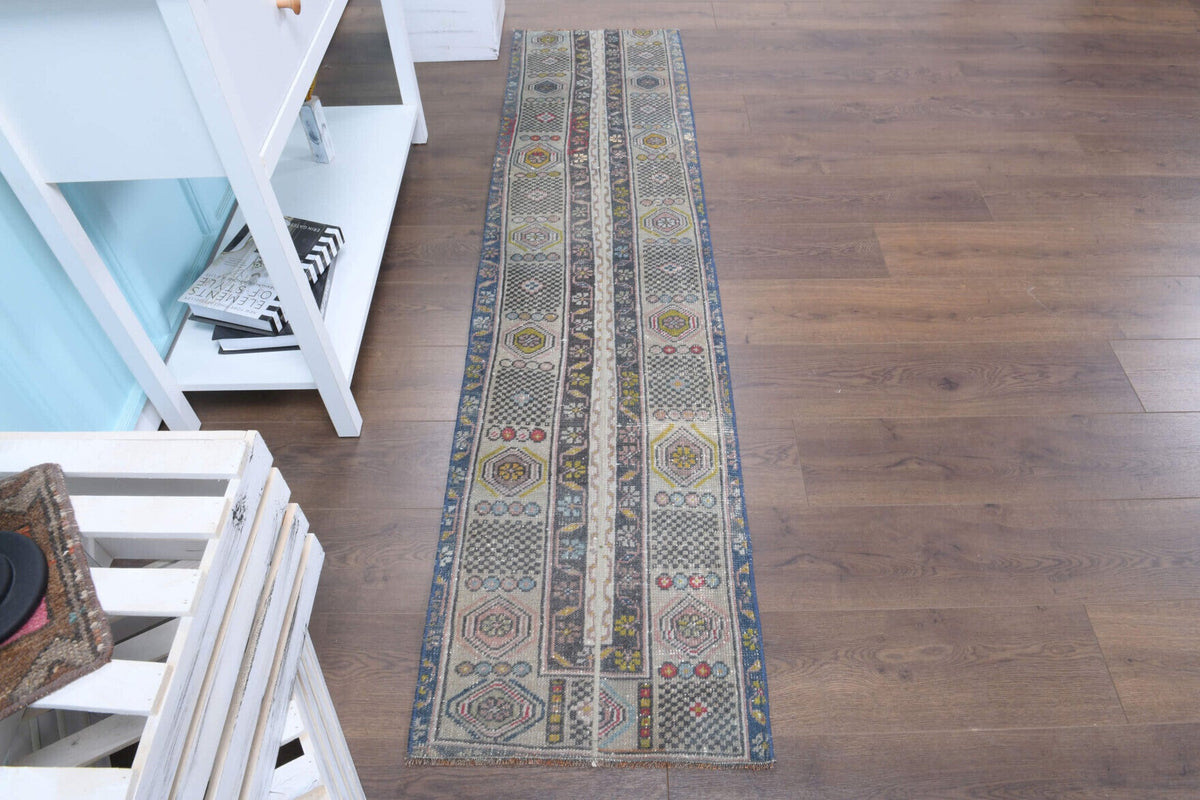 El yapımı vintage yolluk 51x213 cm patchwork desenli yün - üstten görünüm