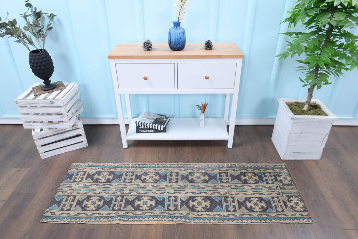El yapımı vintage yolluk 58x180 cm patchwork desenli yün - detay görünümü