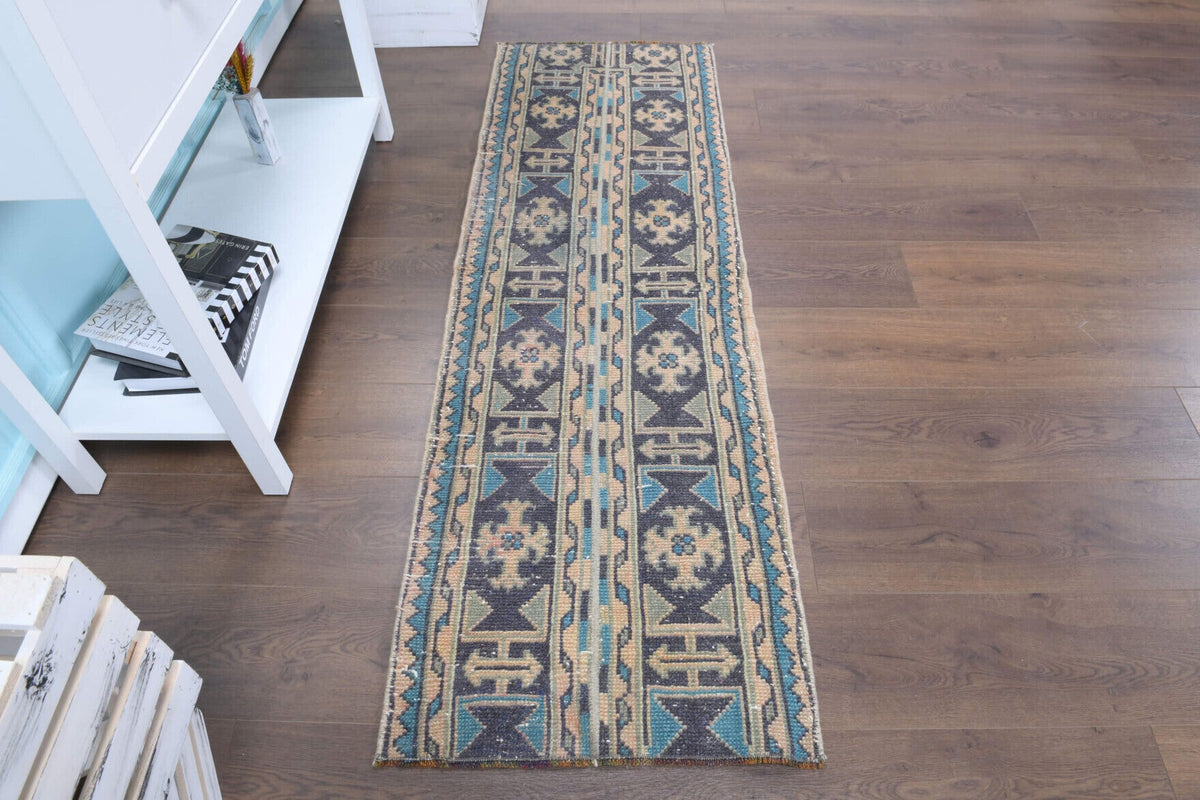 El yapımı vintage yolluk 58x180 cm patchwork desenli yün - üstten görünüm
