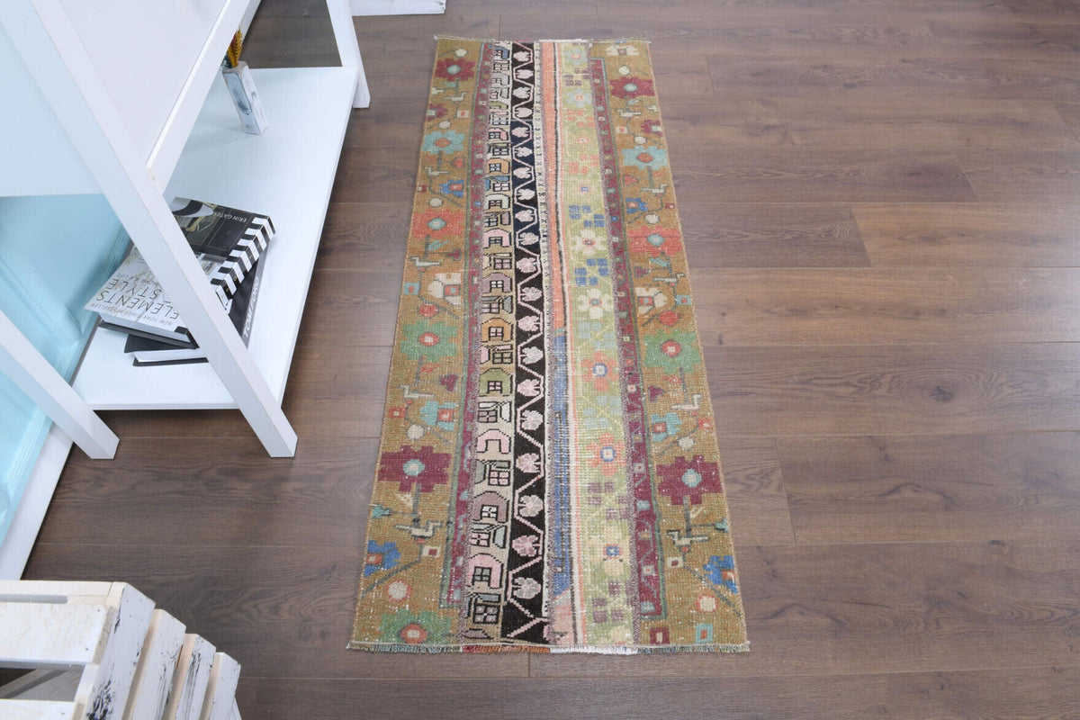 El yapımı vintage yolluk 58x155 cm patchwork desenli yün - üstten görünüm