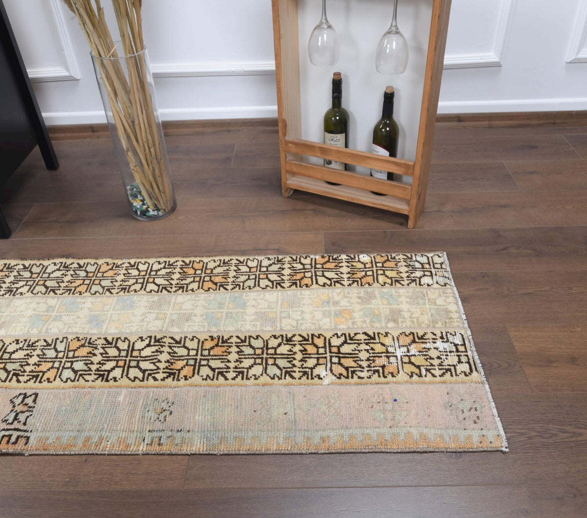 El yapımı vintage yolluk 61x198 cm i̇kat desenli yün - üstten görünüm