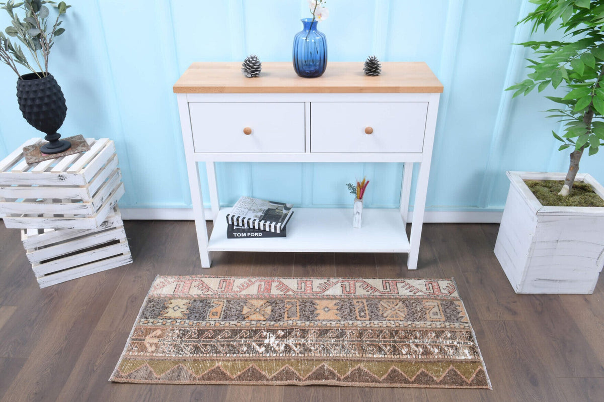 El yapımı vintage halı 58x135 cm i̇kat desenli yün - üstten görünüm