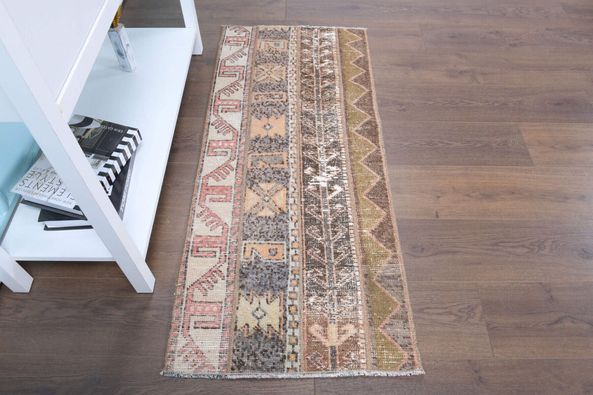 El yapımı vintage halı 58x135 cm i̇kat desenli yün - detay görünümü