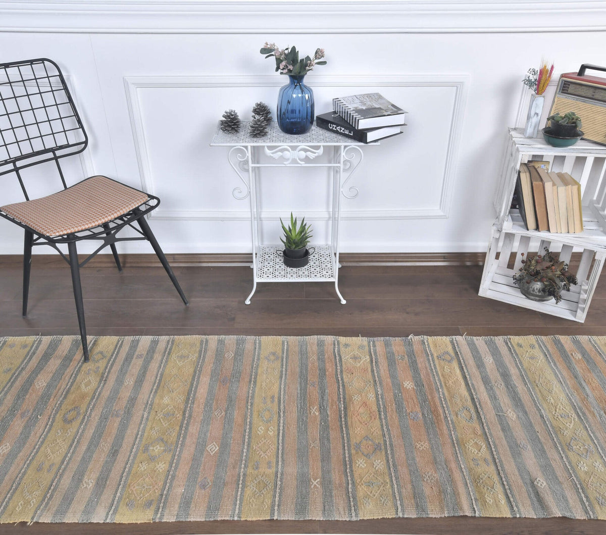El yapımı vintage yolluk 76x333 cm kilim desenli yün - detay görünümü