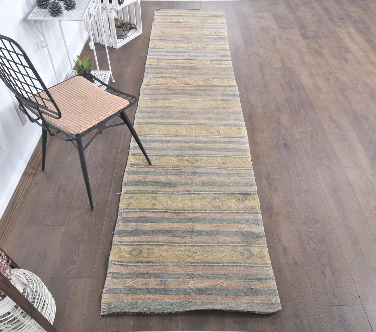 El yapımı vintage yolluk 76x333 cm kilim desenli yün - kenar ve saçak detayı