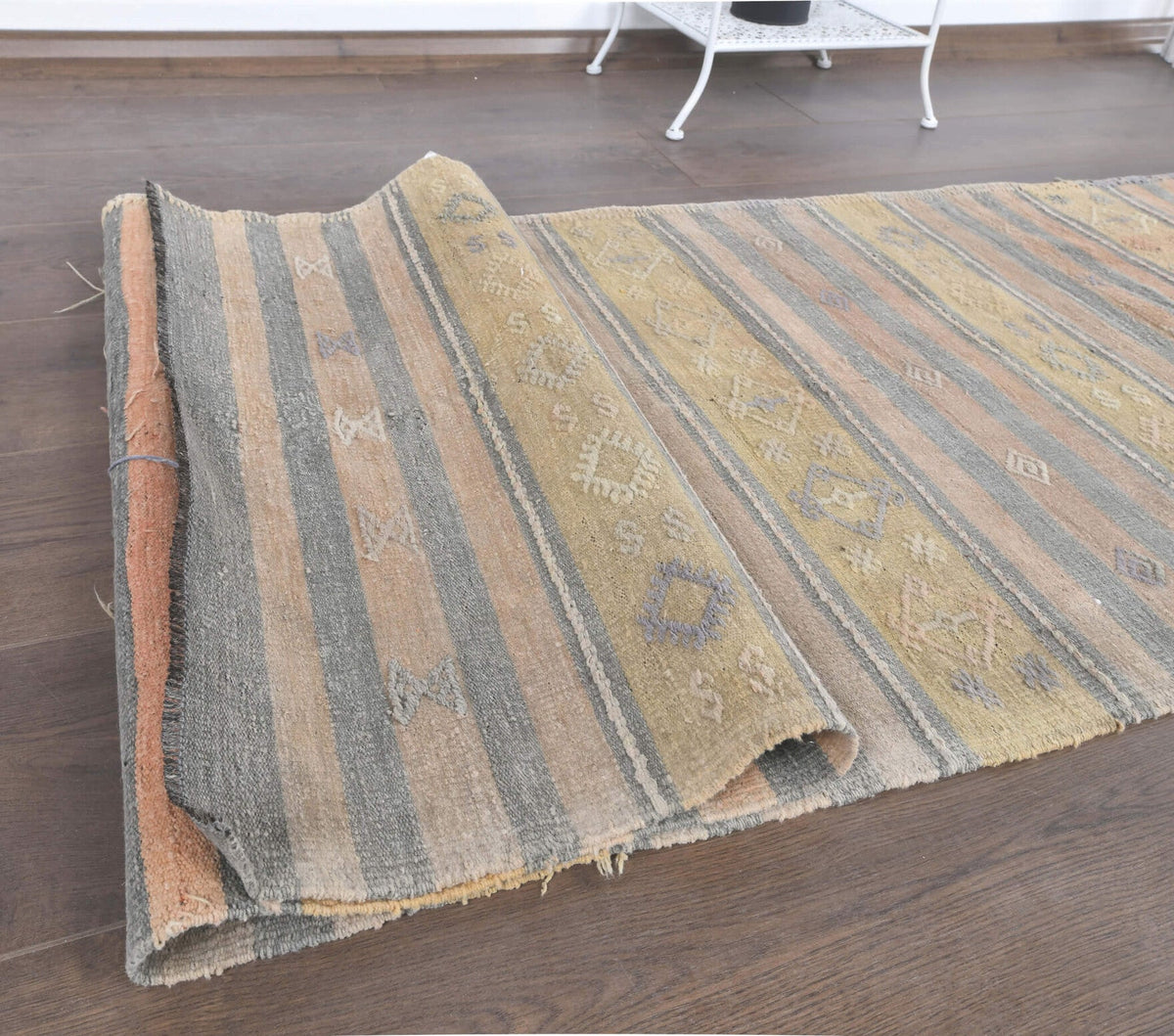 El yapımı vintage yolluk 76x333 cm kilim desenli yün - üstten görünüm
