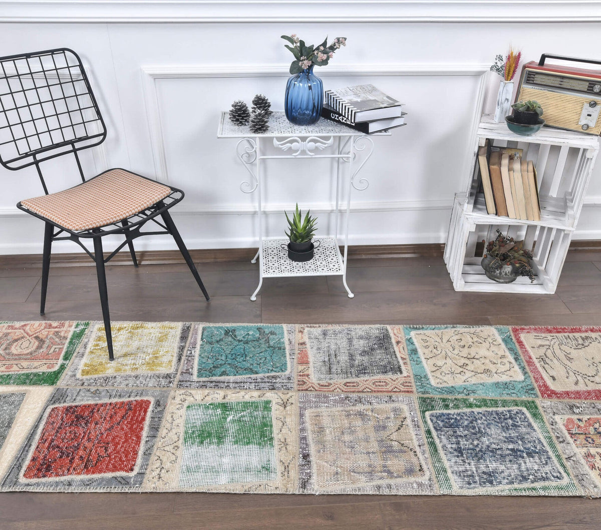 El yapımı vintage yolluk 74x229 cm geometrik desenli yün - detay görünümü