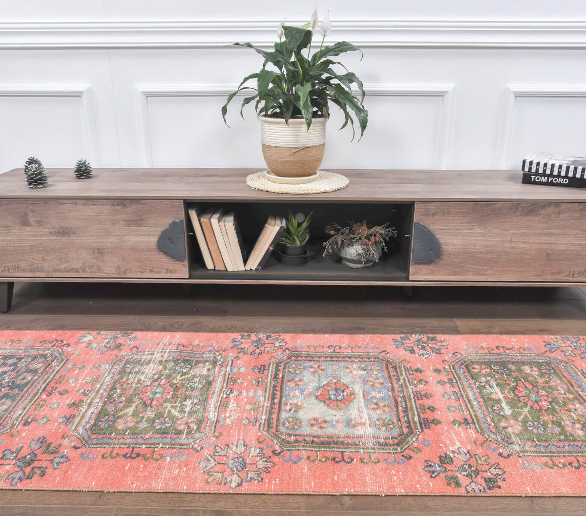 El yapımı vintage yolluk 79x259 cm geometrik desenli yün - detay görünümü