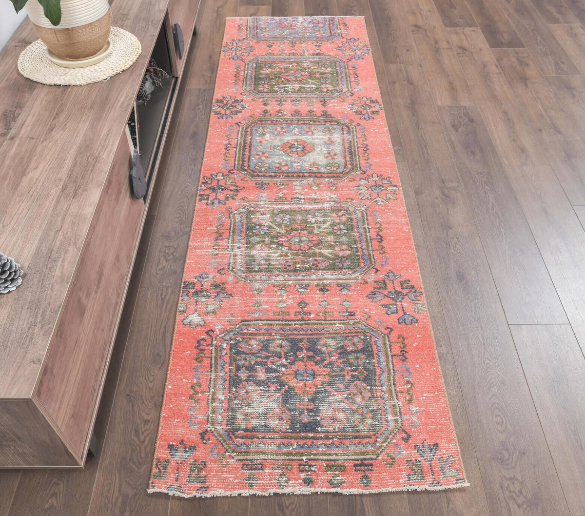 El yapımı vintage yolluk 79x259 cm geometrik desenli yün - kenar ve saçak detayı
