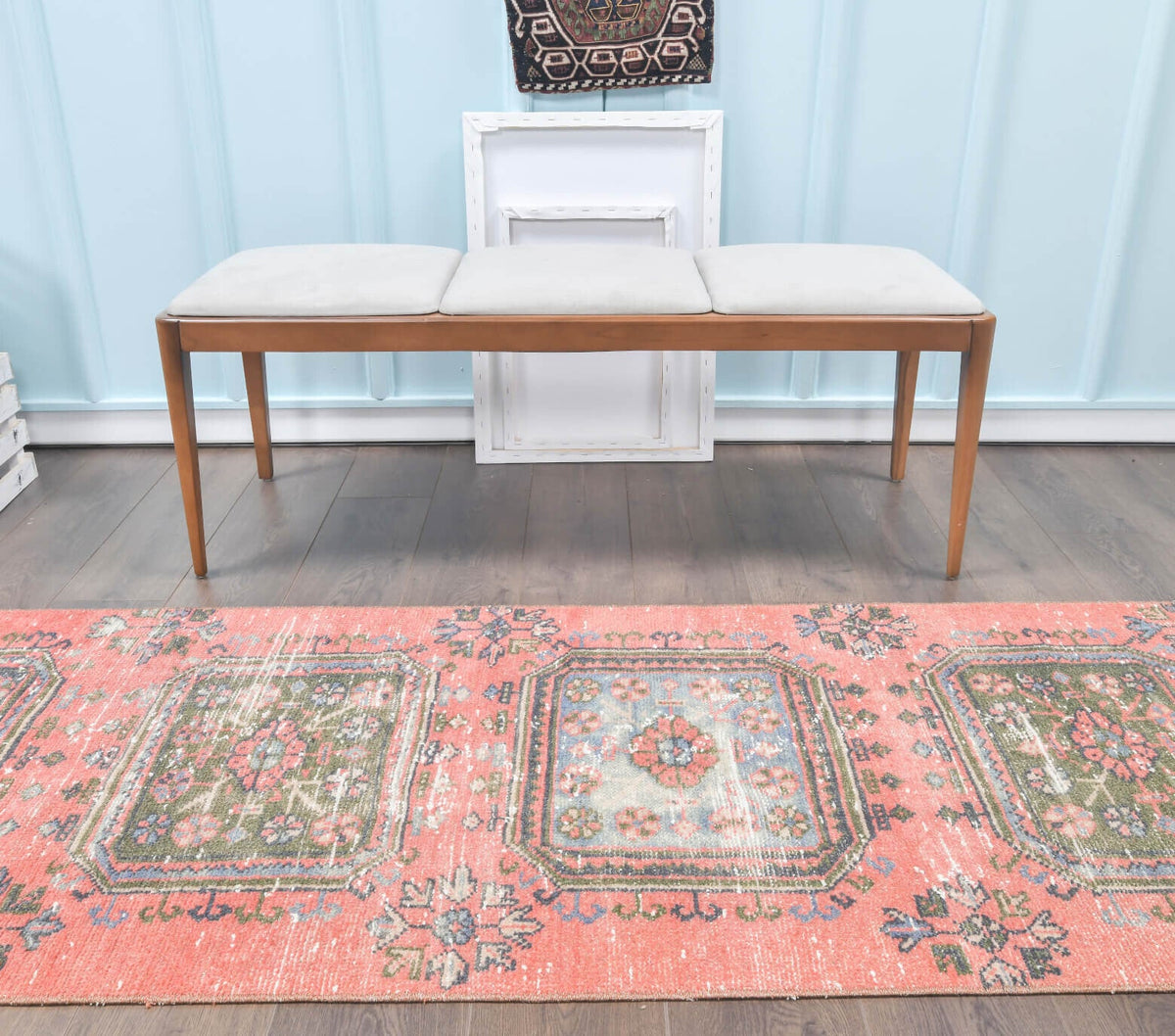El yapımı vintage yolluk 79x259 cm geometrik desenli yün - üstten görünüm