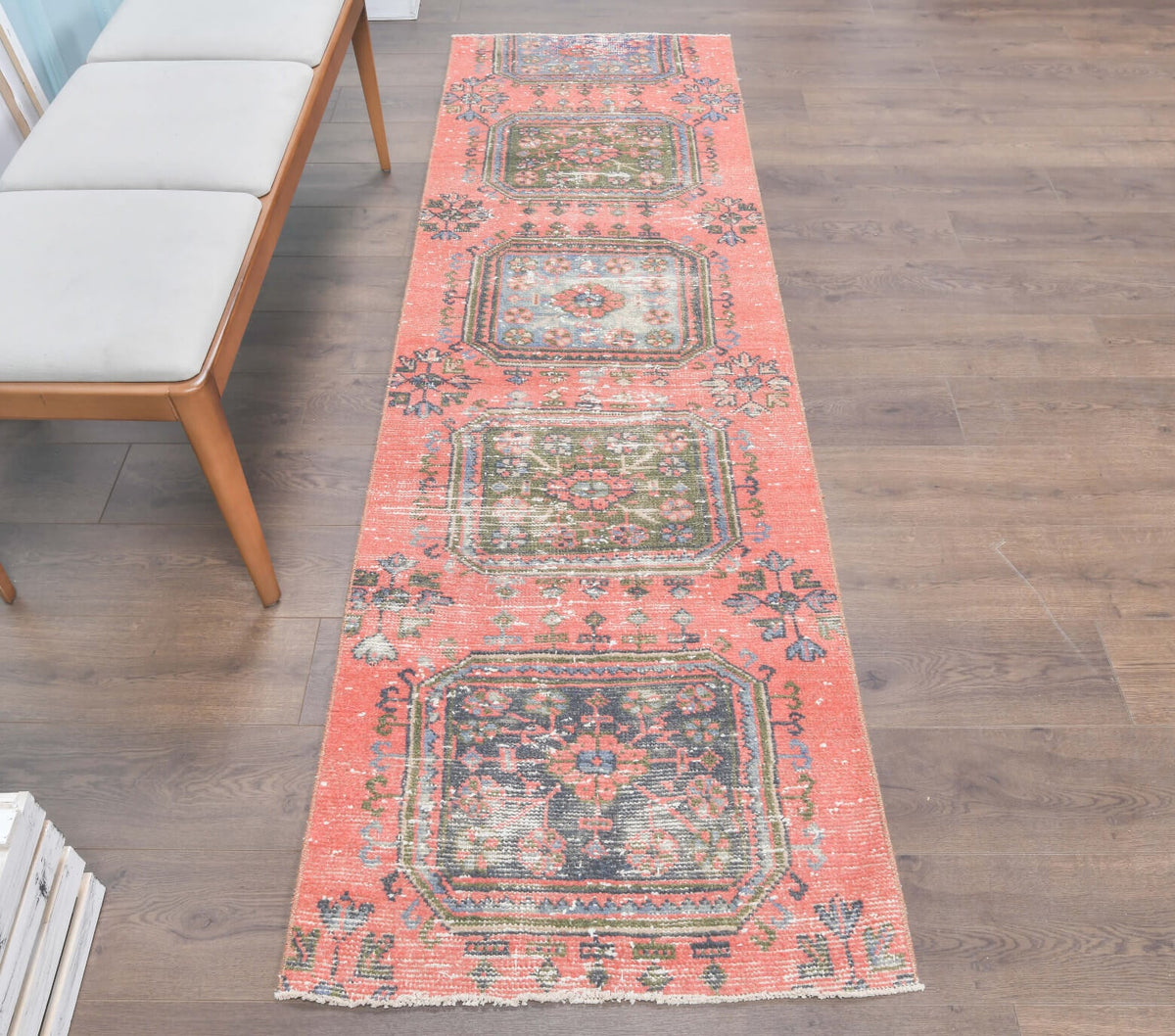 El yapımı vintage yolluk 79x259 cm geometrik desenli yün - açık alan görünümü