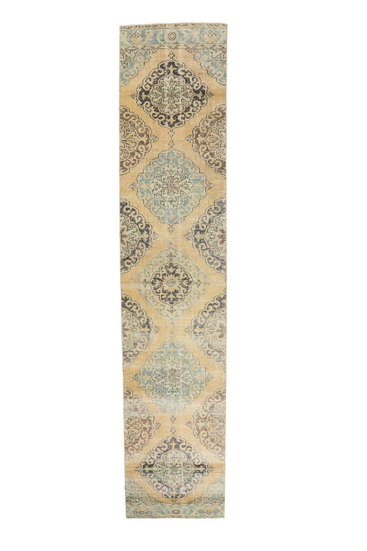 El yapımı vintage yolluk 81x386 cm oryantal desenli yün - üstten görünüm