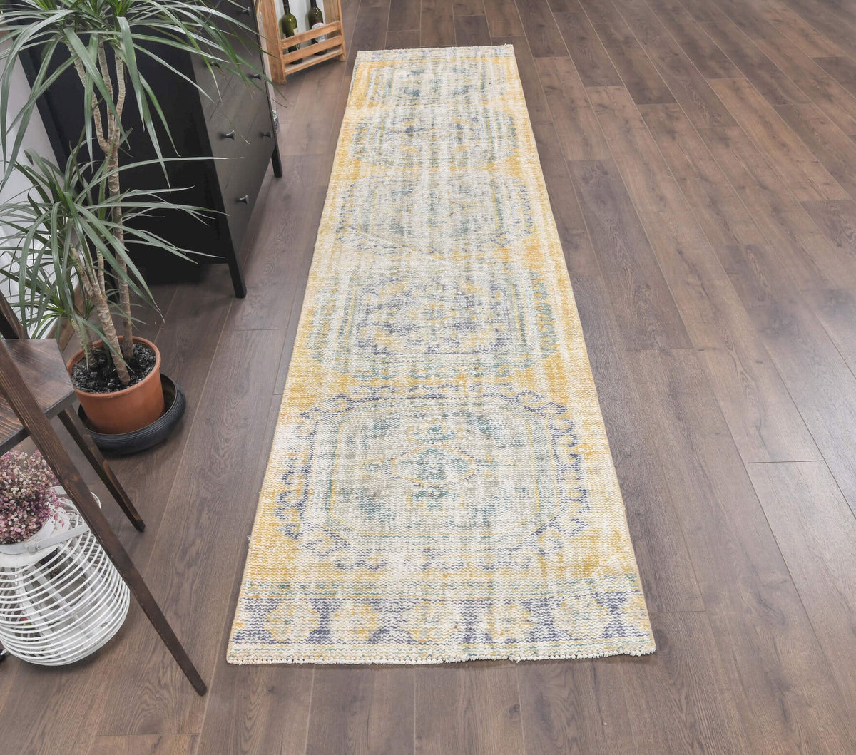 El yapımı vintage yolluk 81x351 cm oryantal desenli yün - kenar ve saçak detayı