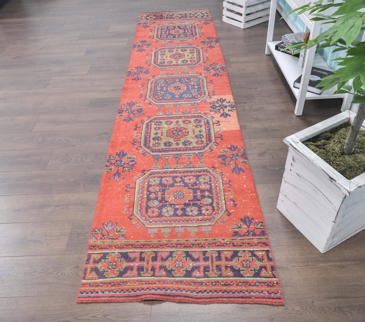 El yapımı vintage yolluk 81x348 cm çiçek desenli desenli yün - detay görünümü