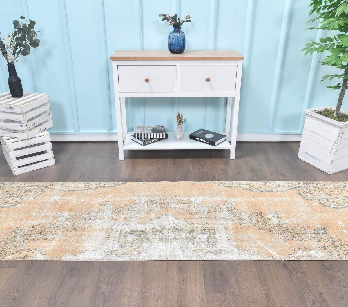 El yapımı vintage yolluk 81x335 cm çiçek desenli desenli yün - mekan görünümü