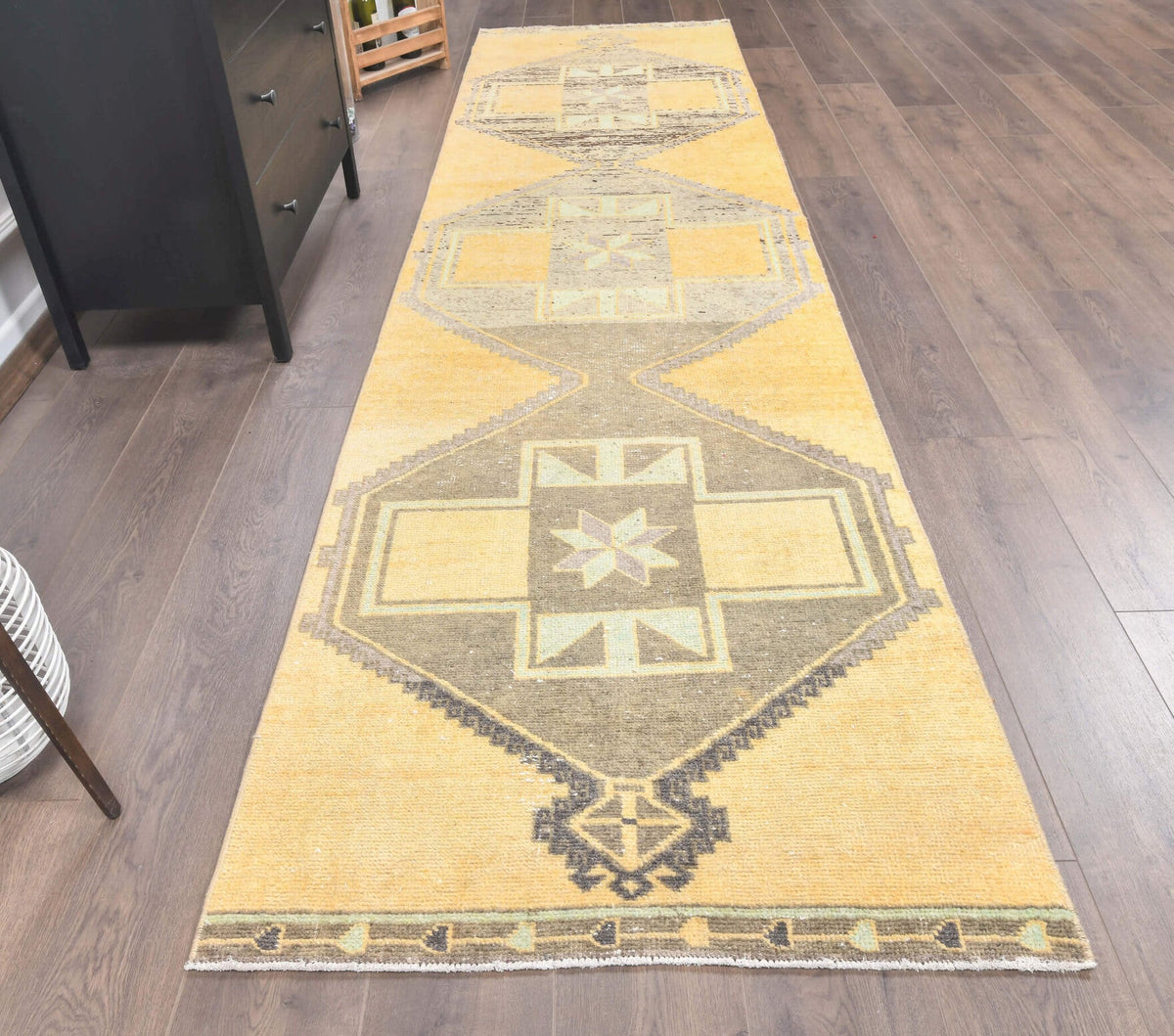 El yapımı vintage yolluk 91x368 cm oryantal desenli yün - kenar ve saçak detayı