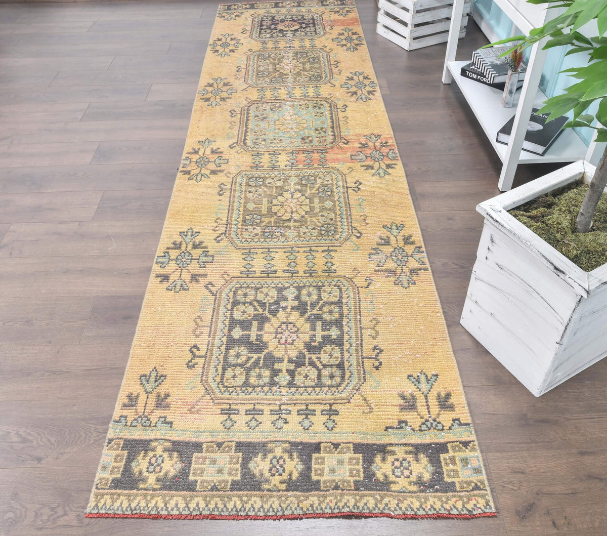 El yapımı vintage yolluk 91x340 cm i̇kat desenli yün - detay görünümü