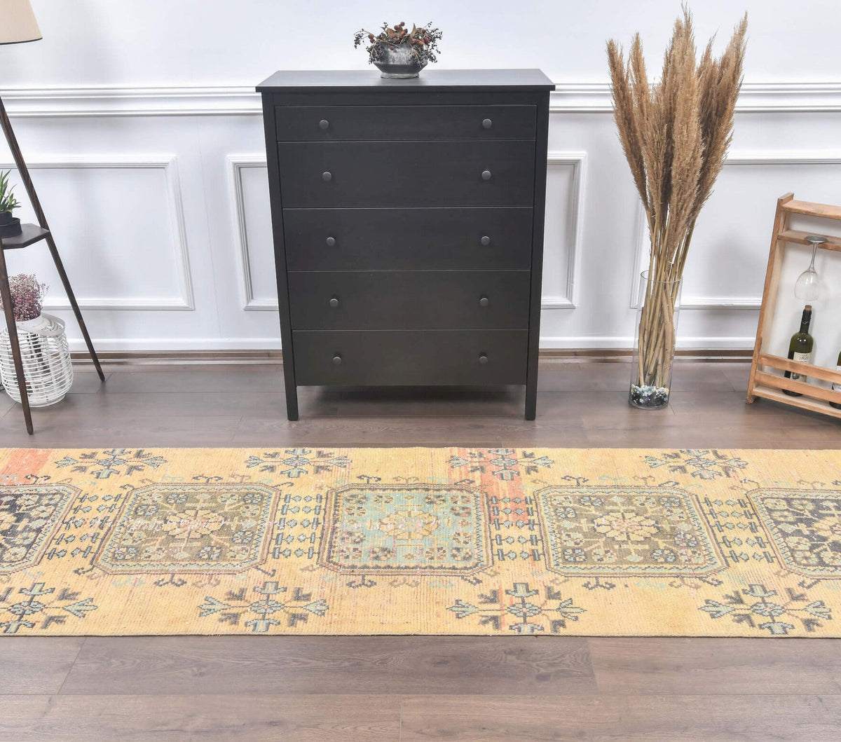 El yapımı vintage yolluk 91x340 cm i̇kat desenli yün - yakın çekim doku detayı