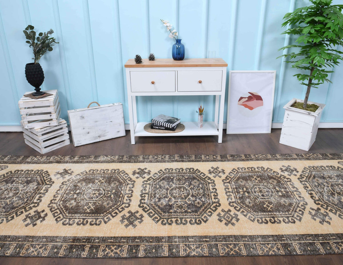 El yapımı vintage yolluk 124x381 cm oryantal desenli yün - yakın çekim doku detayı