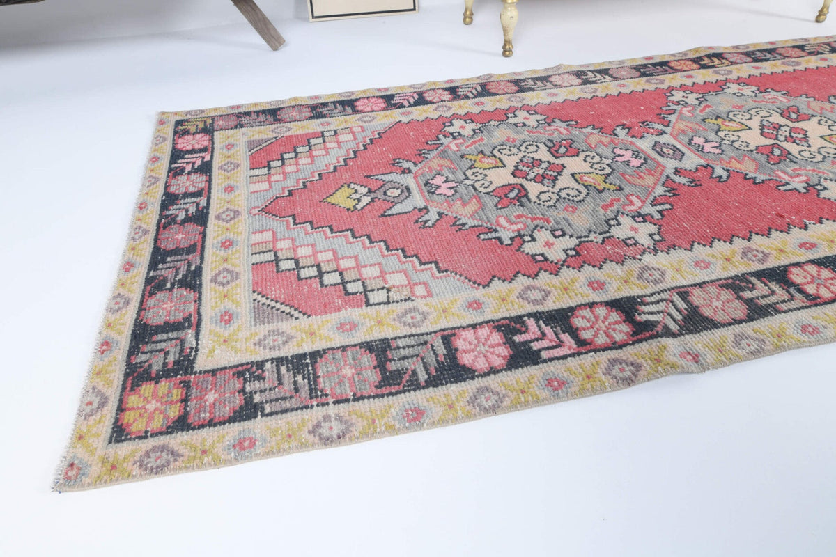 El yapımı vintage yolluk 97x287 cm oryantal desenli yün - yakın çekim doku detayı