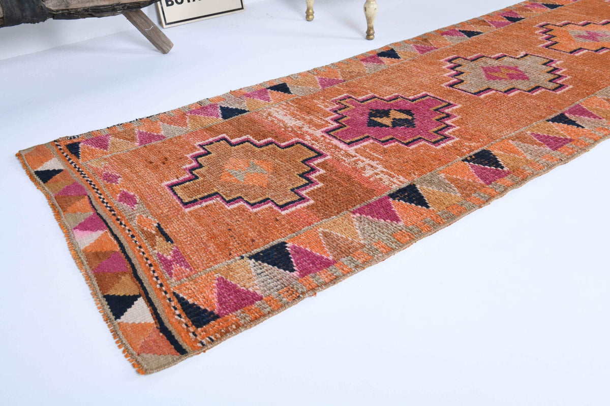El yapımı vintage yolluk 81x356 cm i̇kat desenli yün - yakın çekim doku detayı