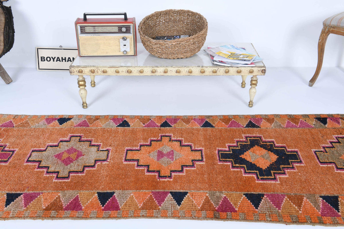El yapımı vintage yolluk 81x356 cm i̇kat desenli yün - kenar ve saçak detayı