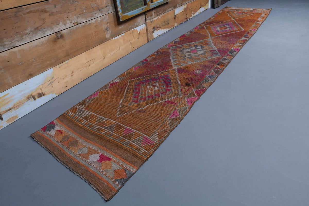 El yapımı vintage yolluk 81x399 cm geometrik desenli yün - açık alan görünümü
