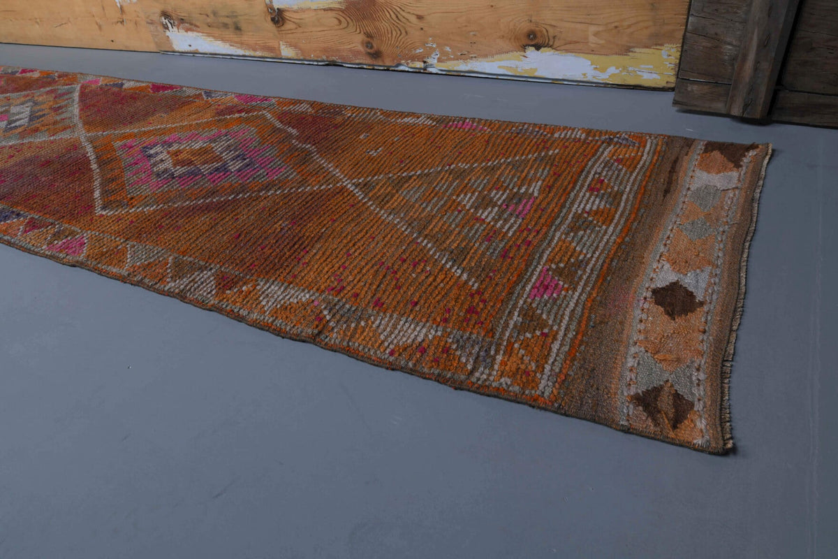 El yapımı vintage yolluk 81x399 cm geometrik desenli yün - kenar ve saçak detayı