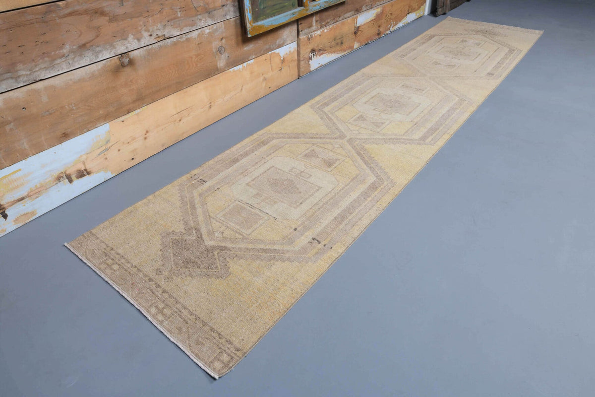 El yapımı vintage yolluk 86x384 cm geometrik desenli yün - açık alan görünümü