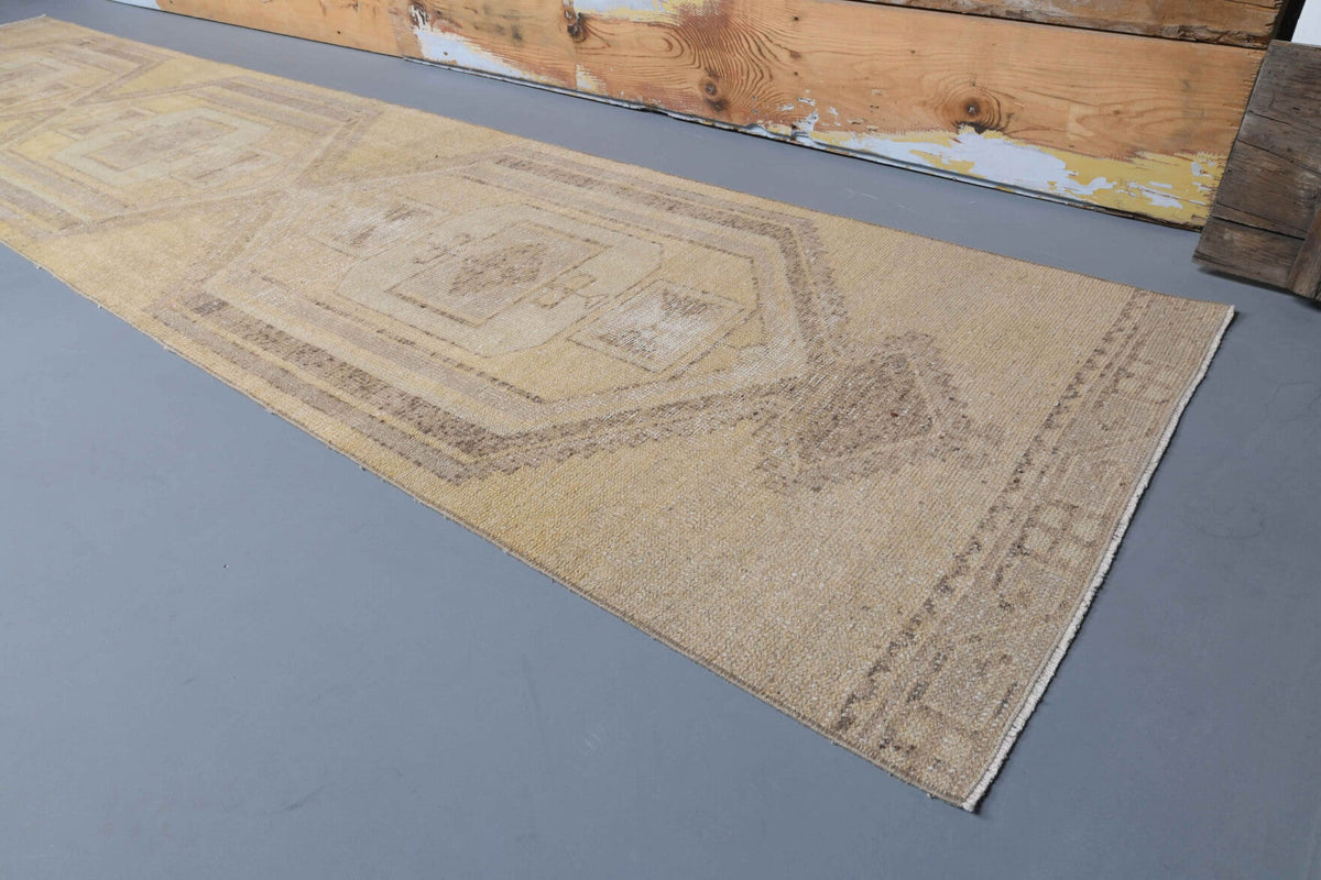 El yapımı vintage yolluk 86x384 cm geometrik desenli yün - kenar ve saçak detayı