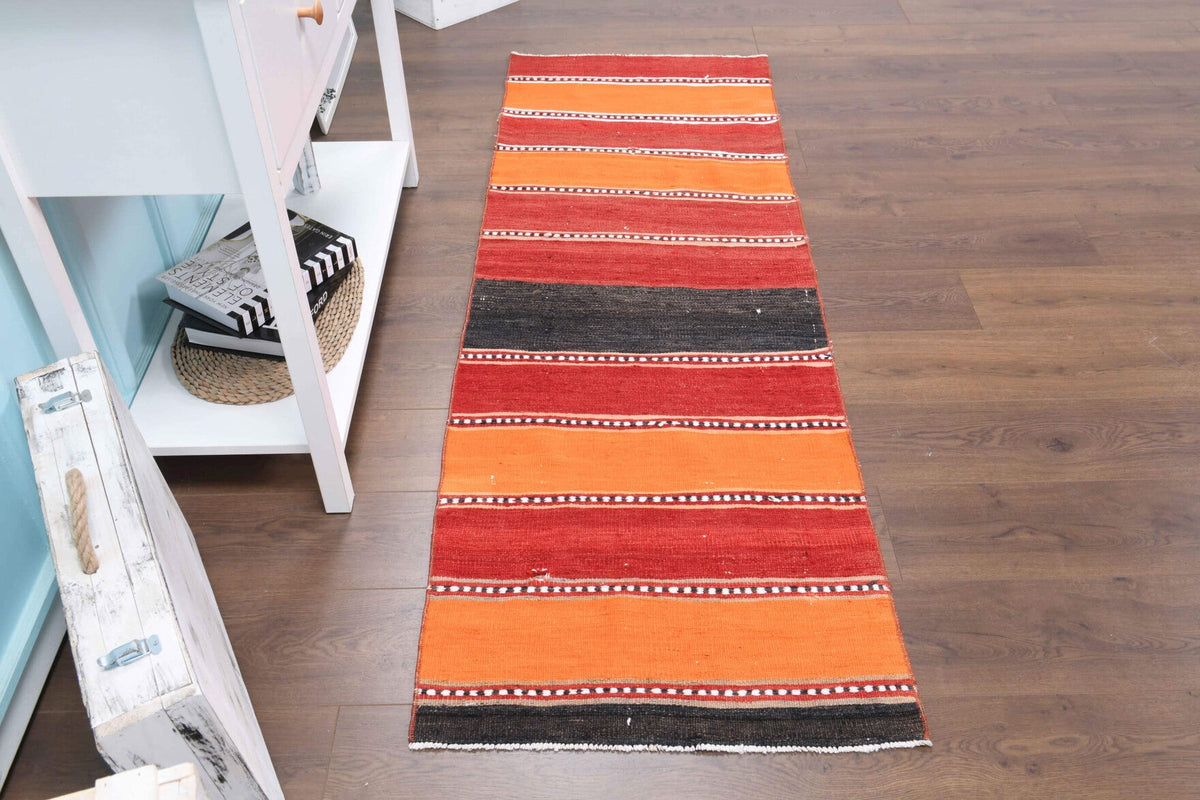 El yapımı vintage yolluk 66x198 cm çizgili desenli yün - üstten görünüm